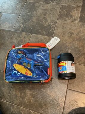 Thermos Kids Blue Dino Surfing Lunch Bag with Orange Trim and Superman Food Jar